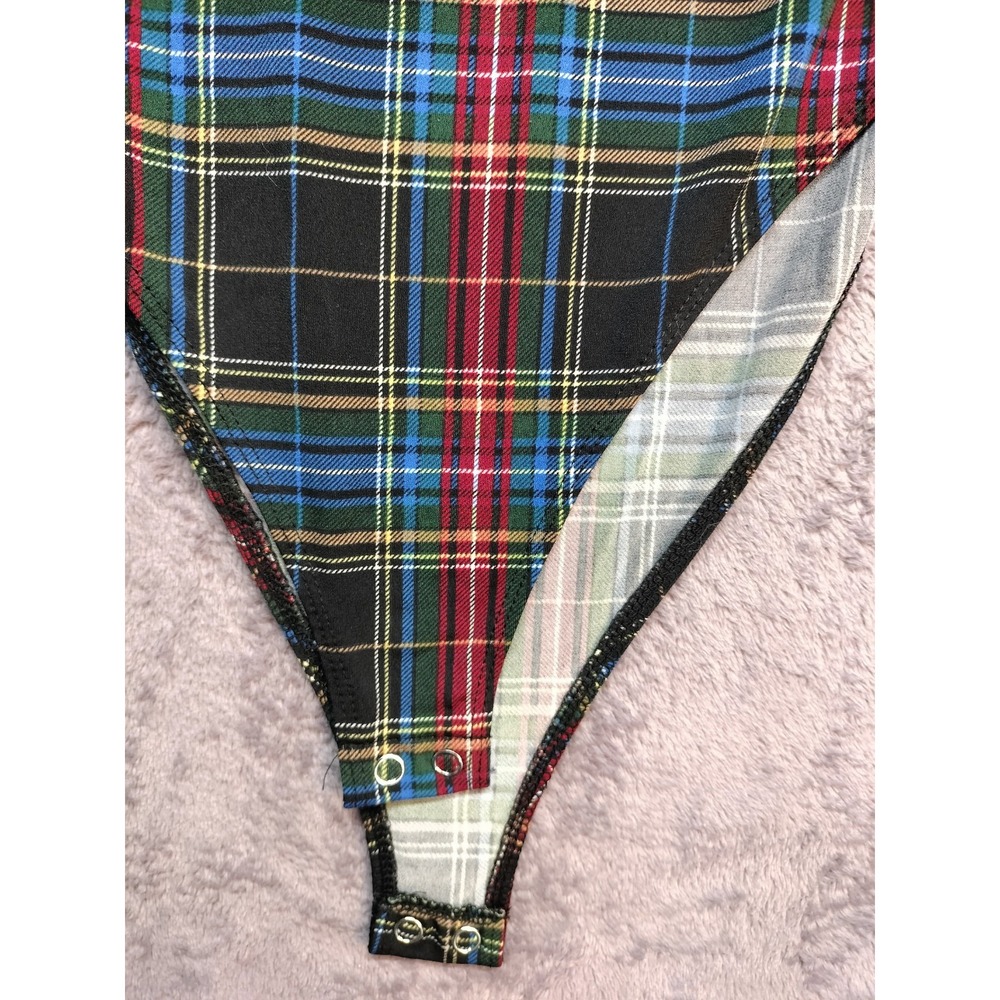 Forever 21 small bodysuit mock neck plaid long sleeve stretch fall school prep - Picture 3 of 9